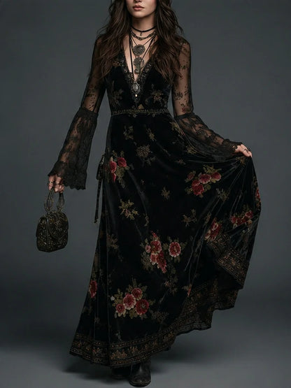 Vintage Black Velvet Floral Lace Sleeve Maxi Dress