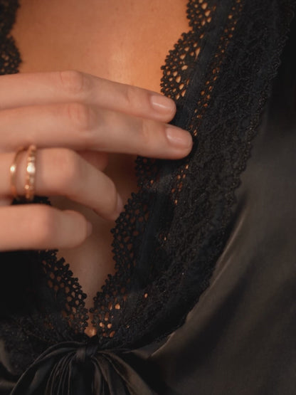 Romantic Black Lace-Trim Silk-Feel Blouse