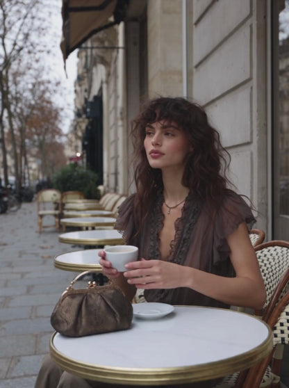 Mocha Brown Crinkled Chiffon Lace-Trimmed Flutter Sleeve Blouse