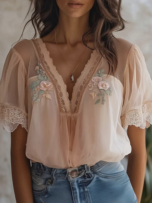 Boho Delicate Floral Embroidered Chiffon Blouse