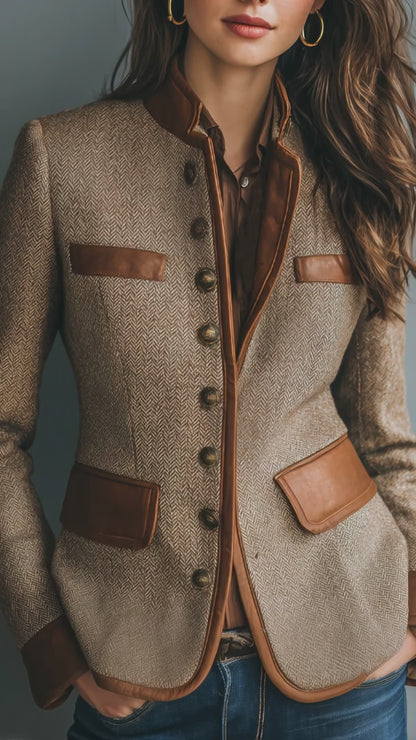 Vintage Eco-Leather Trim Pocket Tweed Jacket