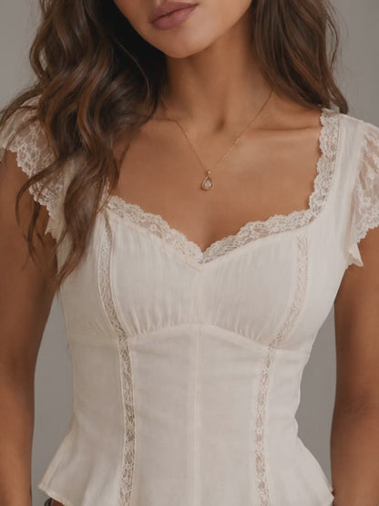 Ivory Lace-Trim Corset Peplum Top