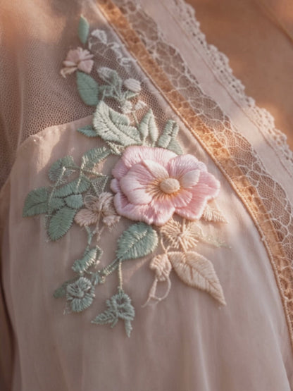 Boho Delicate Lace Floral Embroidered Chiffon Blouse
