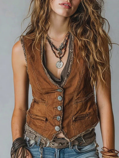Washed Caramel Denim With Brass Button Stitching Vest