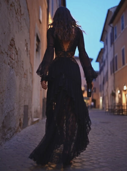Black Lace Bell Sleeve Deep V Boho Maxi Dress