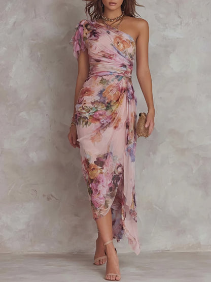 Vintage-Elegant One-Shoulder Floral Chiffon Midi Dress