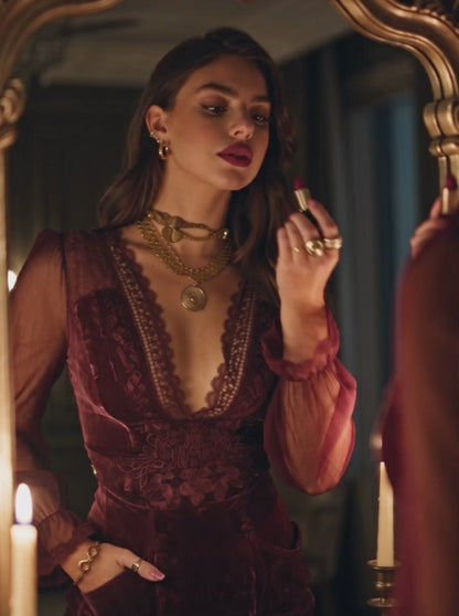 Vintage Burgundy Velvet And Lace Mini Dress With Sheer Sleeves