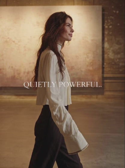 Pleated Front Blouse With Ribbon-Trimmed Collar And Cuffs