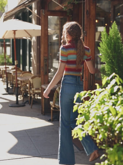 Retro Zipper Collar Colorful Striped Short Sleeve Knitted Blouse
