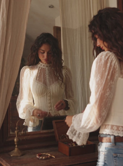 Cream Victorian Lace High-Neck Corset Blouse