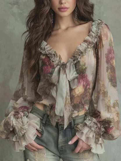 Boho Vintage Floral Tie-Front Chiffon Blouse