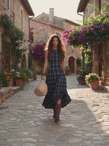 Classic Plaid Sleeveless Side Pocket Maxi Dress