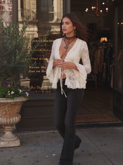 Vintage Boho Lace Flare Sleeve Tie-Front Peplum Top