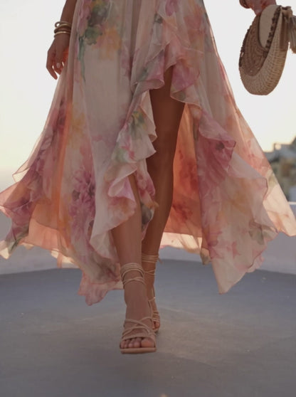 Blush Watercolor Floral Cutout Ruffle Maxi Dress