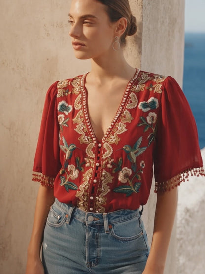 Elegant Embroidered V-Neck Blouse - Hummingbird & Floral Design