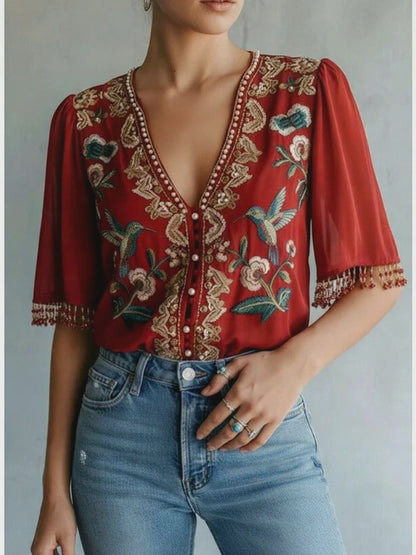 Elegant Embroidered V-Neck Blouse - Hummingbird & Floral Design