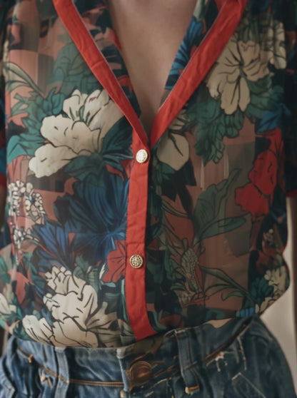 Vintage Sheer Floral Print Blouse With Contrast Trim