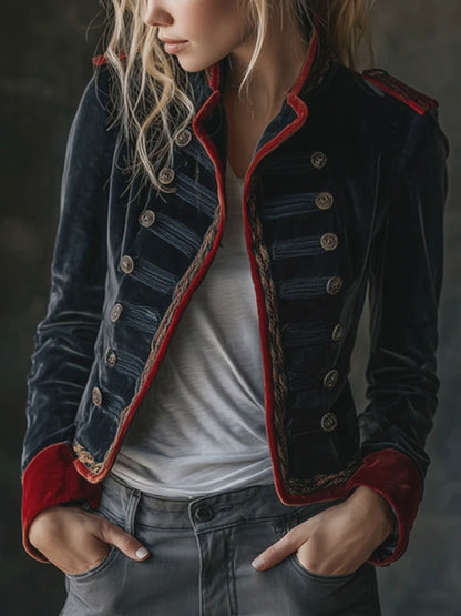 Retro Chic Velvet Military Style Double-Breasted Jacket