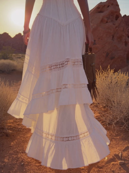 White Lace Corset Spaghetti Strap Ruffle Maxi Dress