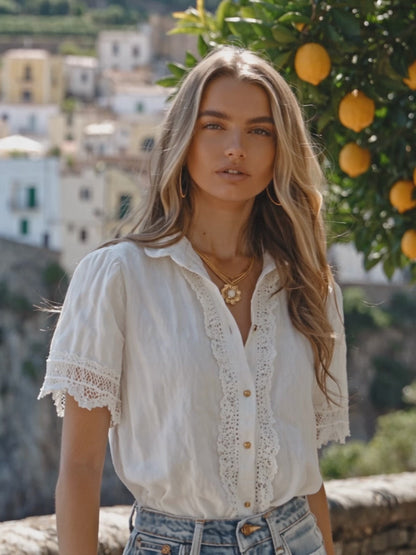 Vintage-Inspired Lace Trim White Blouse