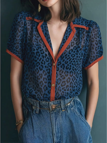 Blue Leopard Print Contrast Red Trim Lapel Sheer Chiffon Short Sleeve Blouse