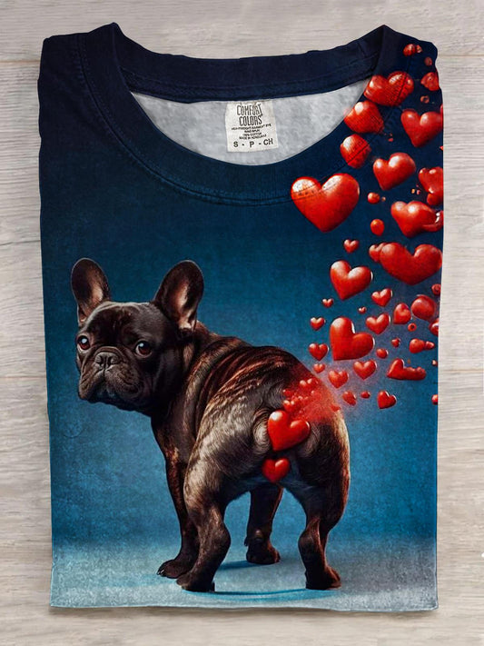 Fun Valentine's Day Heart Farting Puppy Print Crew Neck T-shirt