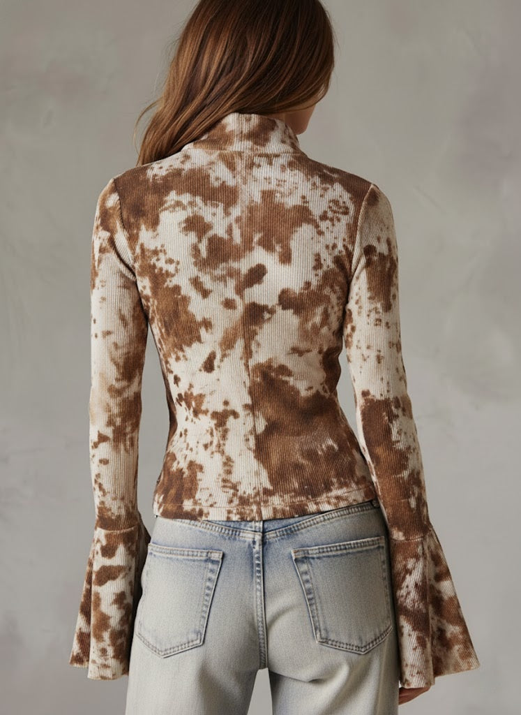 Leather-printed Bell-sleeve Ribbed Knit Shirt